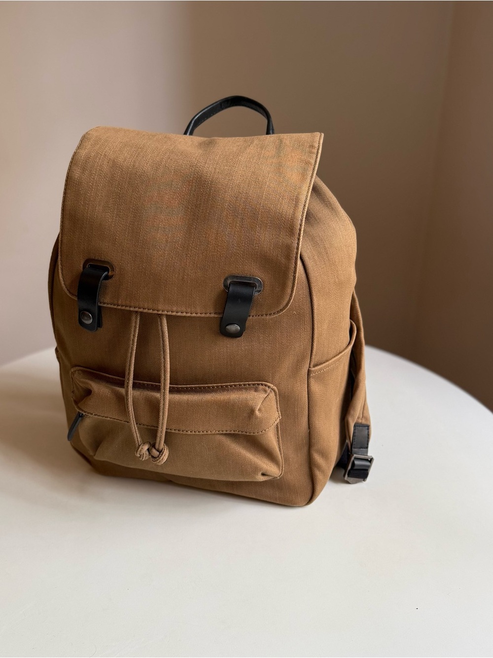 Everlane Canvas Backpack Brown Tan Cotton Drawstring Flap Laptop Travel Rucksack